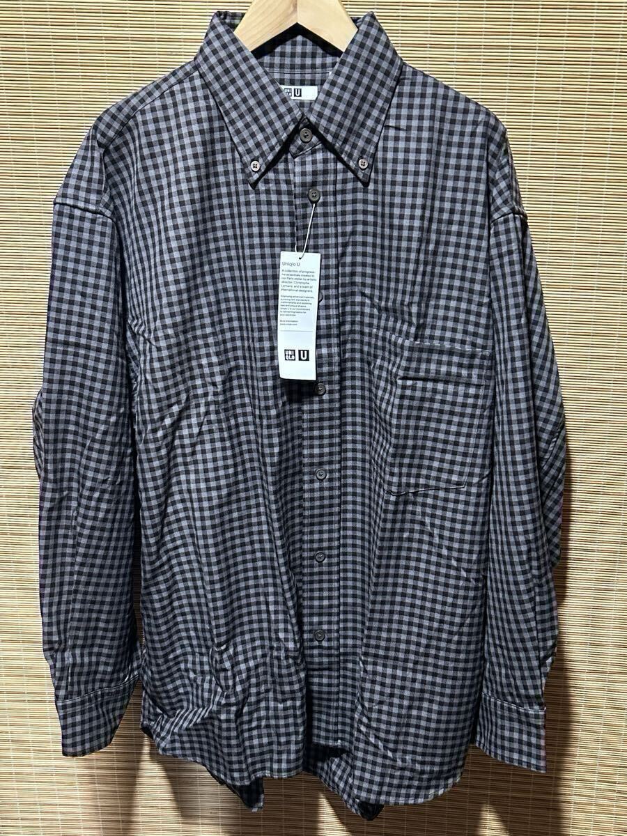未使用2024AW ユニクロU ツイルオーバーサイズシャツ長袖 37ブラウン Lサイズ UNIQLO ユニクロユー ボタンダウンカラー チェック拍卖