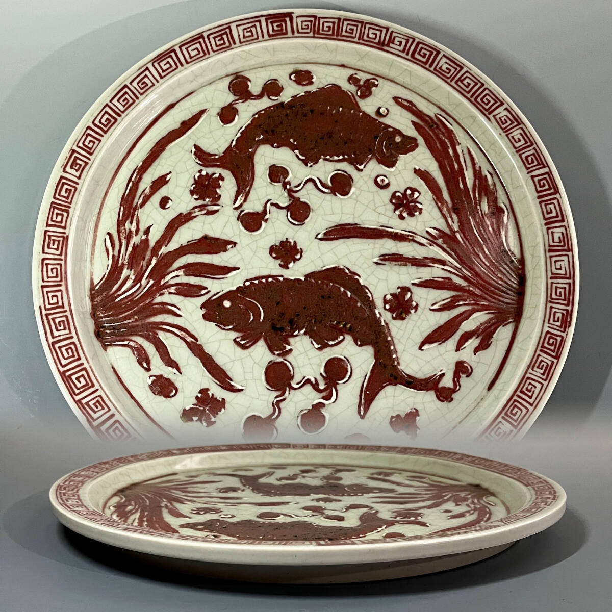 唐物 釉裏紅双魚紋盤 元時代 中国美術 古玩 辰砂 B9-49拍卖