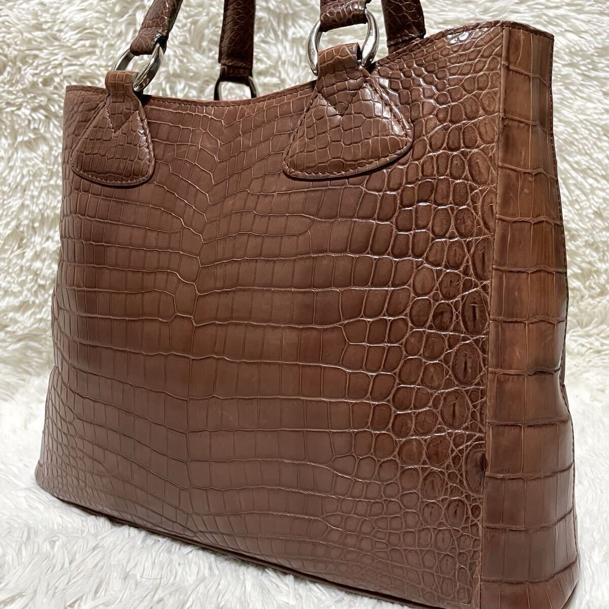 【贅沢な逸品!!】クロコ クロコダイル 大容量 A4収納 マット リアル 鰐革 センター取り ブラウン トートバッグ バック ビジネス拍卖