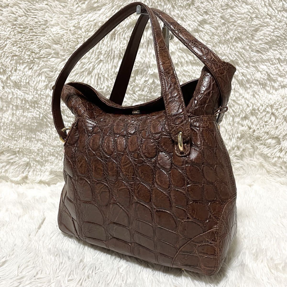 【極上】マットクロコ クロコダイル リアル 本革 鰐革 ハンドバッグ トートバッグ バック ブラウン 茶色 金具 メンズ レディース ビジネス 拍卖