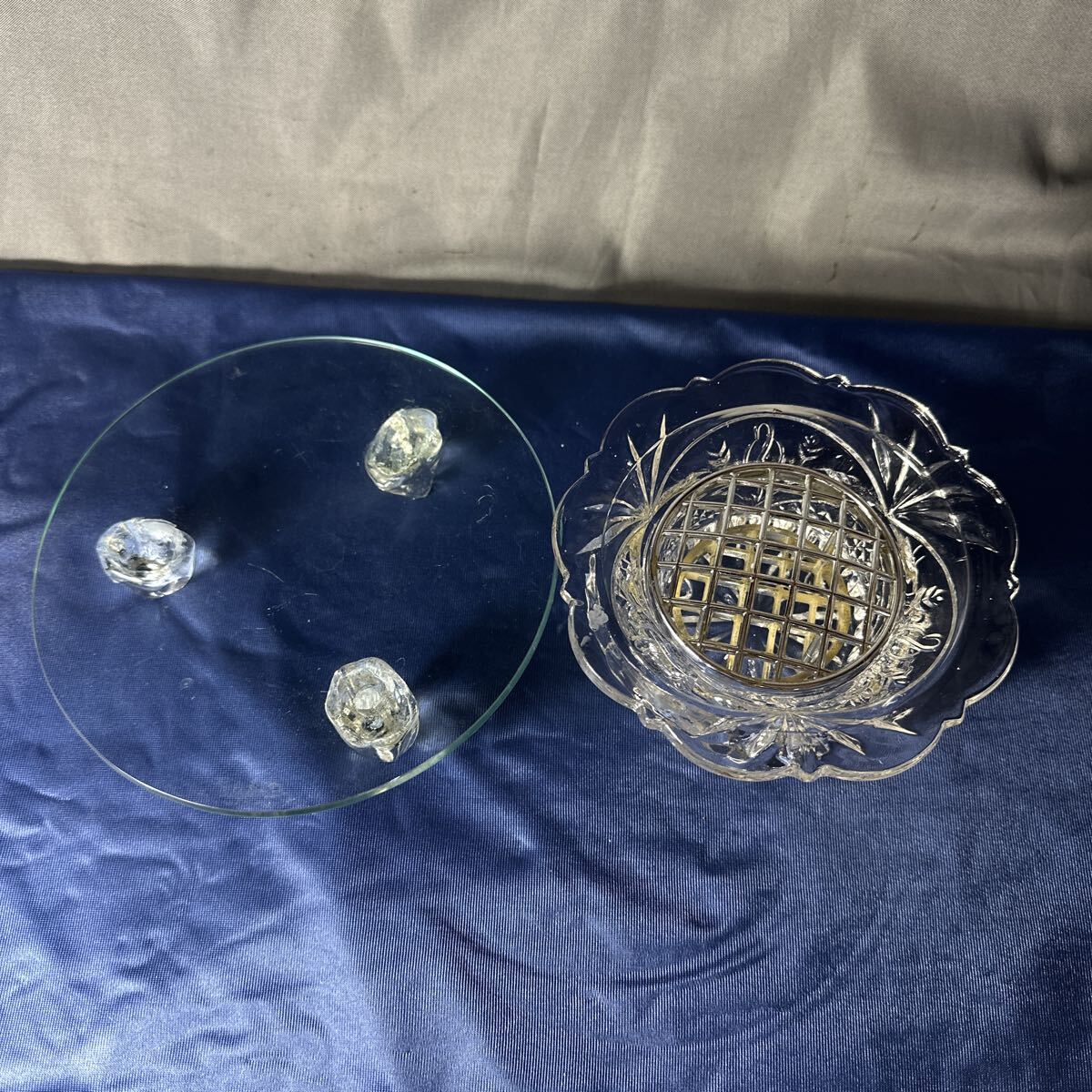 ローズポール (フラワースタンド)クリスタル 花瓶 ガラス皿 2個 クリスタルガラス拍卖