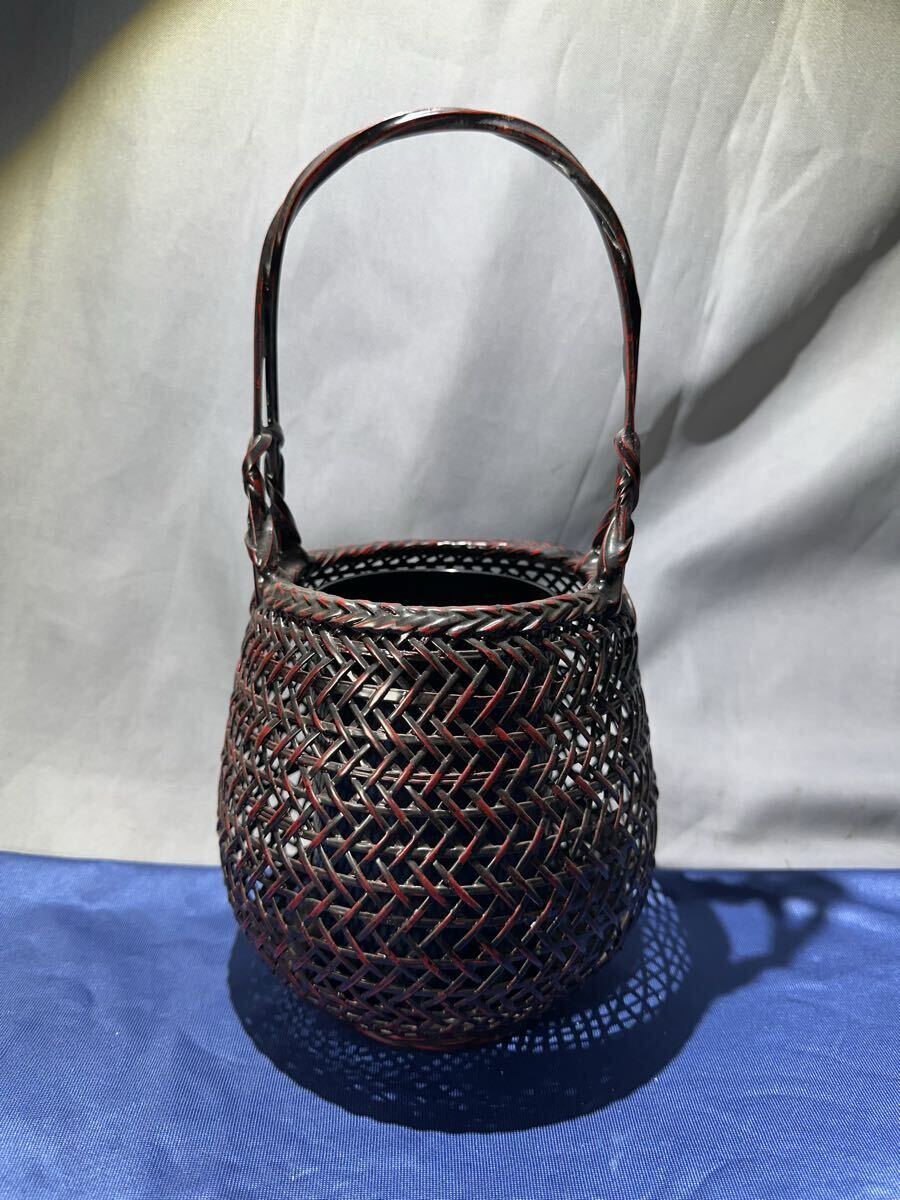 花籠/手付透かし花器(久留米九藍)竹籠 籃胎漆器 花器 華道具状態が良く 中古拍卖