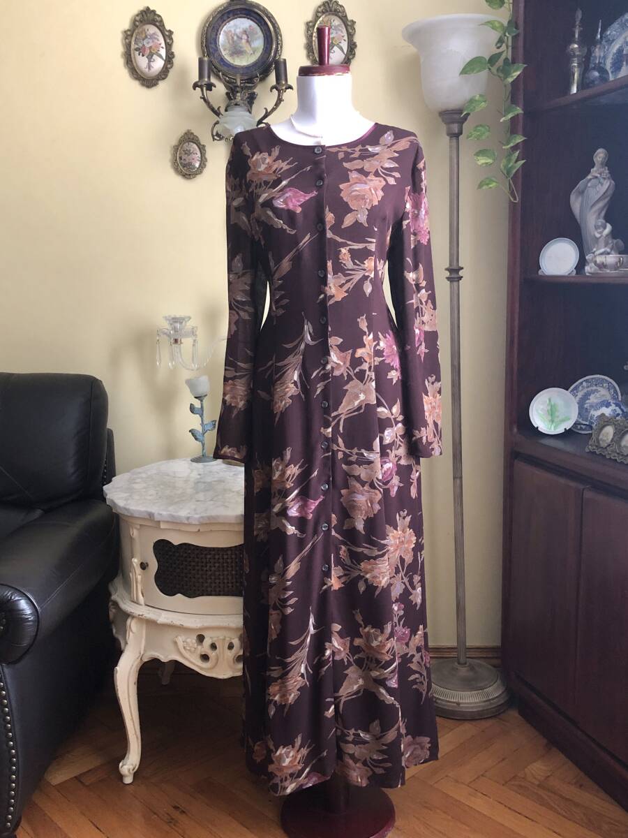 新品【ローラアシュレイ】ヴィンテージ/シック花柄/Aライン/ダークワインドレス /前ボタン/大きいサイズ/希少 (UK・12/15号)#207拍卖