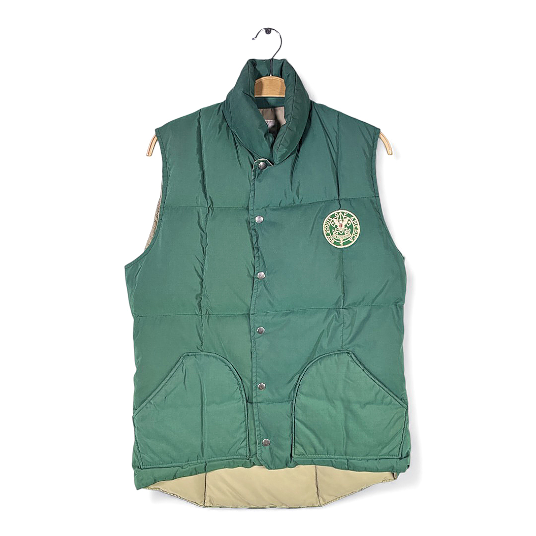 【送料無料】70s シェラデザイン ヴィンテージ ダウンべスト ワッペン BSA ボーイスカウト 旧タグ ダークグリーン サイズS 古着 DD0464拍卖