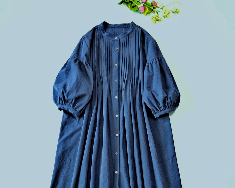 コットン100%ピンタック仕様スタンドカラーポケット付きゆったり着られる大人可愛い七分袖ロングワンピース♪紺拍卖