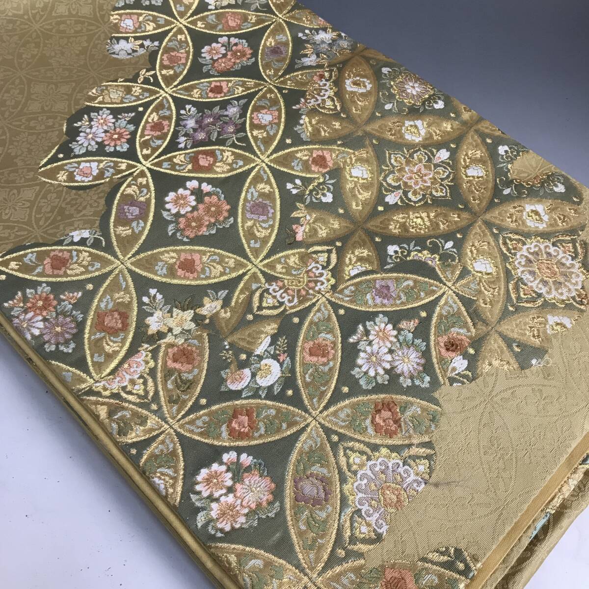 FNY34/74 京都 西陣 株式会社 やまひで製 七宝花文 帯 正絹 金糸 証紙シール付き 美品 お正月 初詣 参拝 成人式 晴れ着◎拍卖