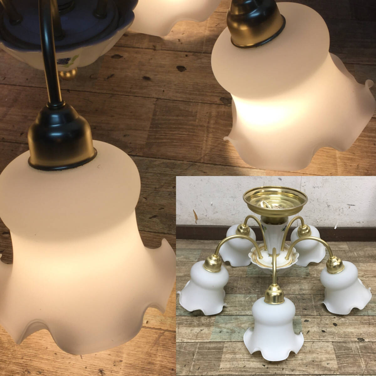 FNY35/14 昭和レトロ National フリルガラス 乳白 5灯 照明 HEM5088E 陶器 青花 室内 洋風 照明 シャンデリア ナショナル インテリア②◎拍卖