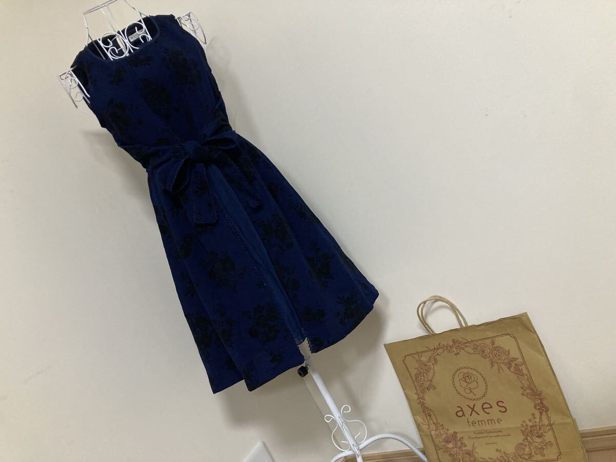 アクシーズファム☆レース飾りおリボン付きプリーツシフォン切り替えお花フロッキープリントアウターワンピース☆used 拍卖