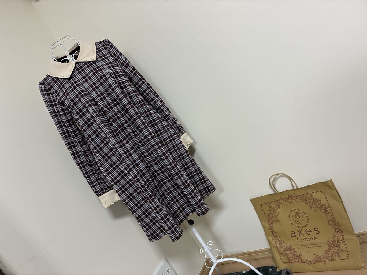 アクシーズファムポエティック☆襟.お袖口レース飾り無地生地切り替えチェック柄ワンピース☆used 拍卖