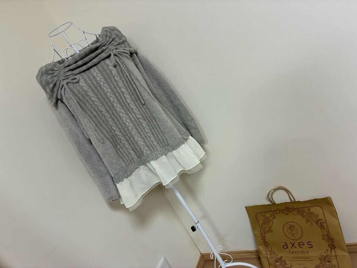 アクシーズファム☆シフォンxチュール切り替えリボン入りケーブル編みオフショルニットプルオーバートップス、セーター☆used 拍卖