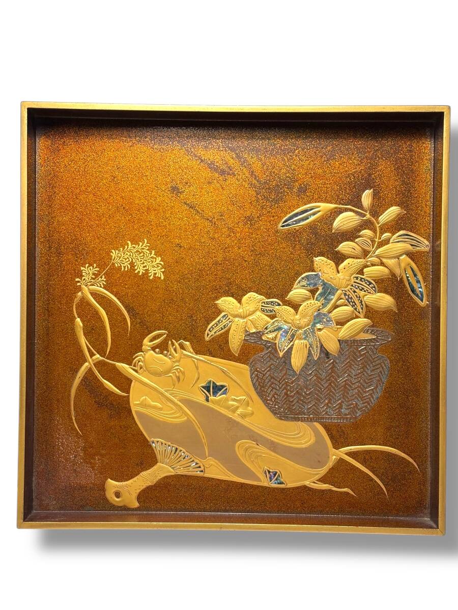 漆芸「花 蟹図蒔絵煎茶盆」四方盆/螺鈿 金蒔絵 漆器 骨董 工芸品 華道 茶道 飾り盆 アンティーク漆器 蒔絵盆 伝統工芸 和骨董 拍卖