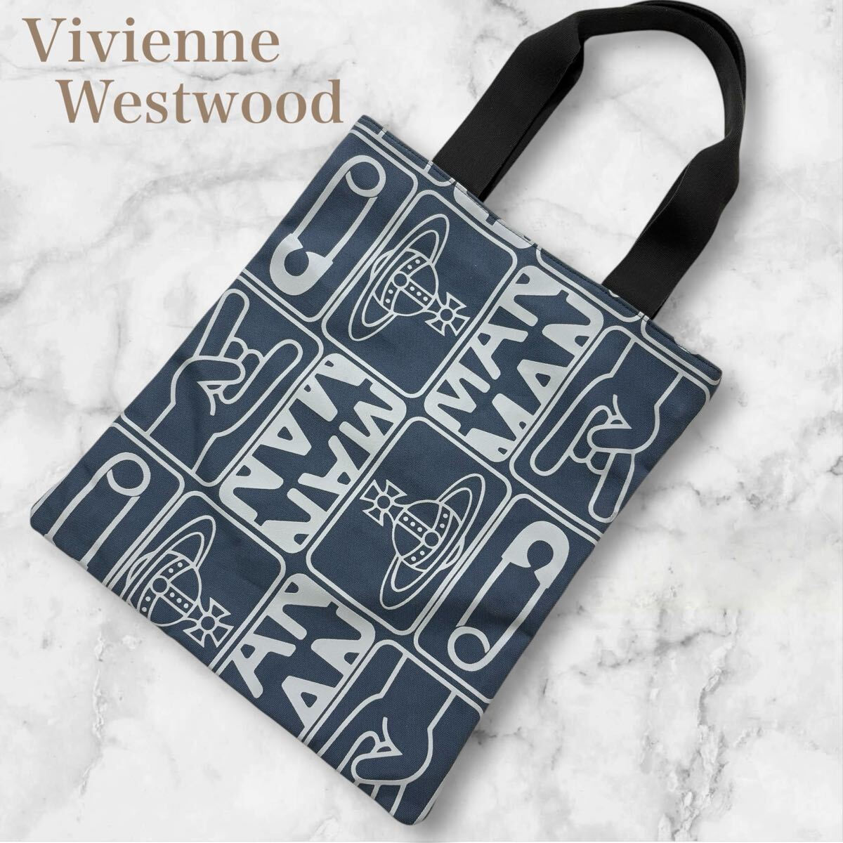 【極美品】現行 ヴィヴィアンウエストウッド Vivienne Westwood キャンバス トートバッグ オーブ ブルー 総柄 厚手 メンズ レディース拍卖