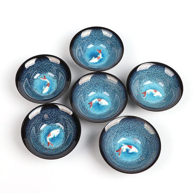 ★送料無料★美しい 可愛い鯉 窯変 天目抹茶碗 ぐい呑 検 茶道具 窯変 碗 天目 茶碗 茶器 6客拍卖