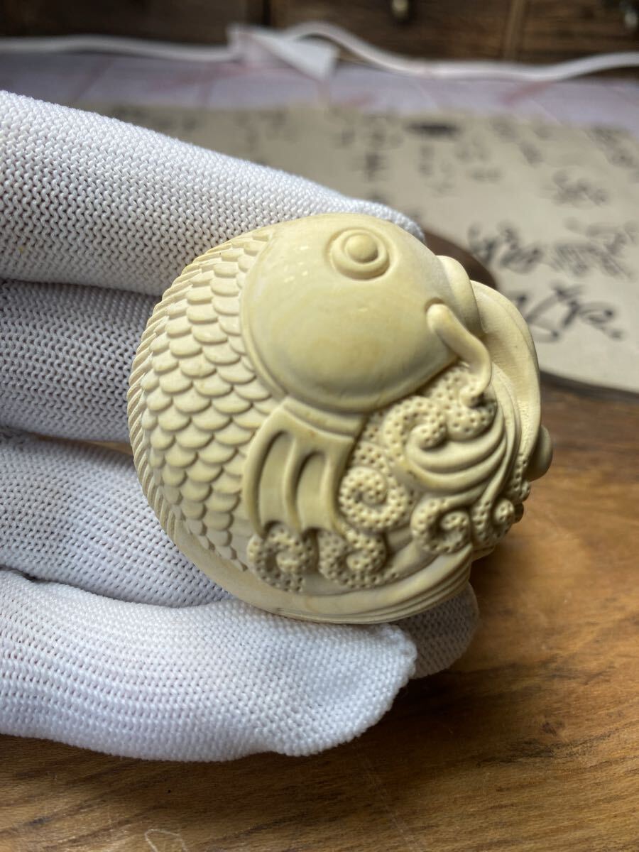 送料無料 鯉 柘植木彫り民芸品 置物 インテリア サイズ5cm古美術 縁起物拍卖