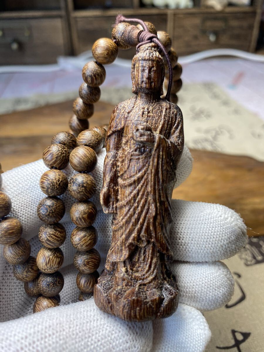 送料無料 仏教美術 大日如来 古美術 仏像 サイズ7.5cm 御数珠 数珠繋ぎ ネックレス 極細工 沈香粒0.8cm お守り拍卖