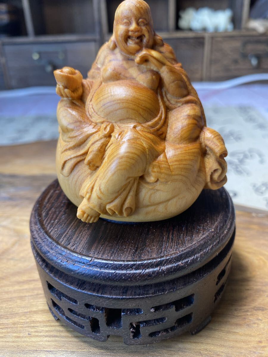 送料無料 花台付き 布袋様 木彫り 七福神 置物 縁起物 仏像 商売繁盛 アンティーク インテリア 木彫り拍卖