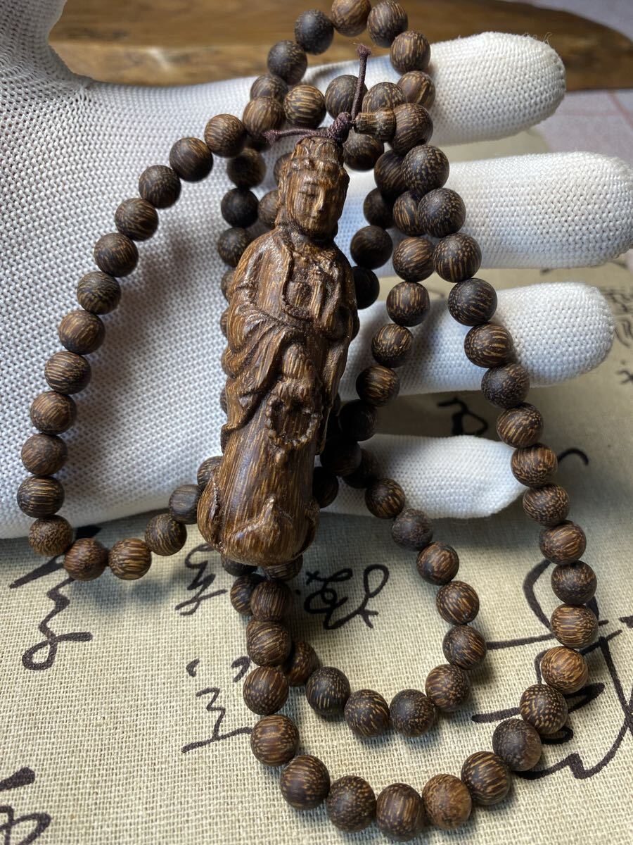 送料無料 仏教美術 観音様 古美術 仏像 サイズ7.5cm 御数珠 数珠繋ぎ ネックレス 極細工 沈香粒0.8cm お守り拍卖