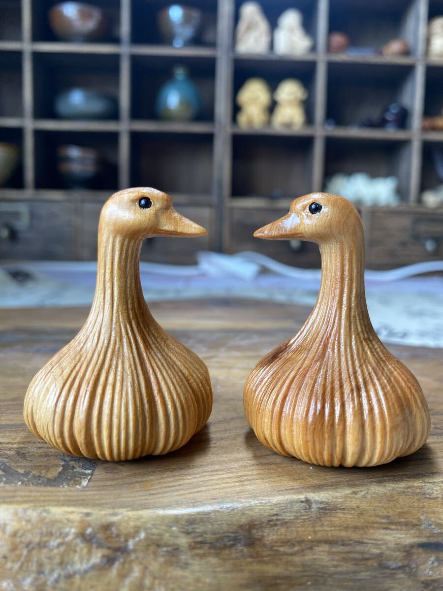 送料無料 大蒜鴨 置物 木製 オブジェ インテリア 鳥 アヒル 木彫り 2個セット拍卖