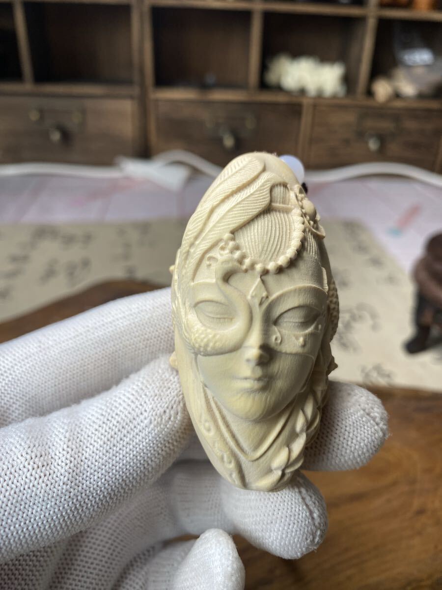 送料無料 新作 高級柘植木彫 大唐美人 天然木製ハンドメイド/細工彫刻 プレゼント/開運風水厄除け 根付 高さ7cm ストラップ付き 美拍卖