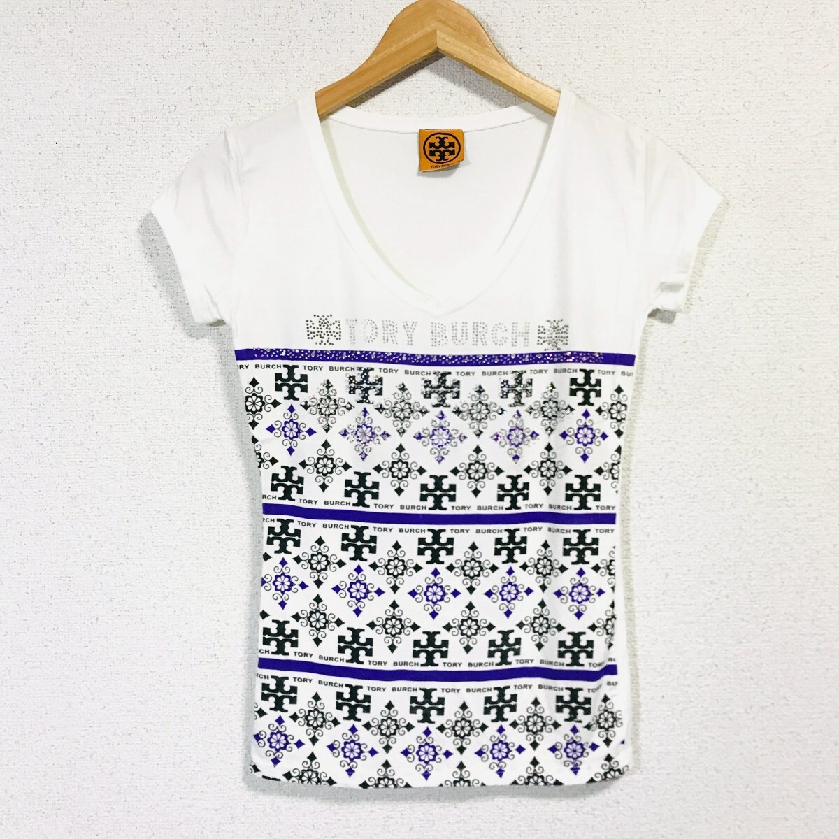 f4049dL TORY BURCH トリーバーチ サイズS 半袖Tシャツ カットソー ホワイト 白 レディース ストーン装飾 ロゴ 美デコルテ拍卖