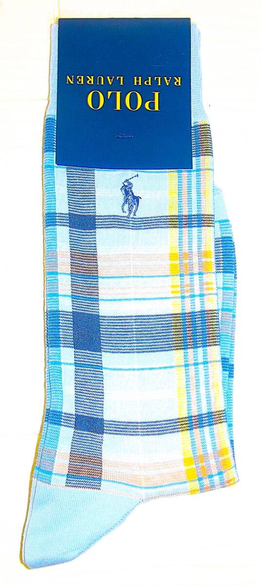 (メンズ・ソックス)POLO RALPH LAUREN ポロ ラルフローレン ナイガイ㈱ 中手生地 綿混 水色格子柄 25~26㎝ ¥ 1,320税込拍卖