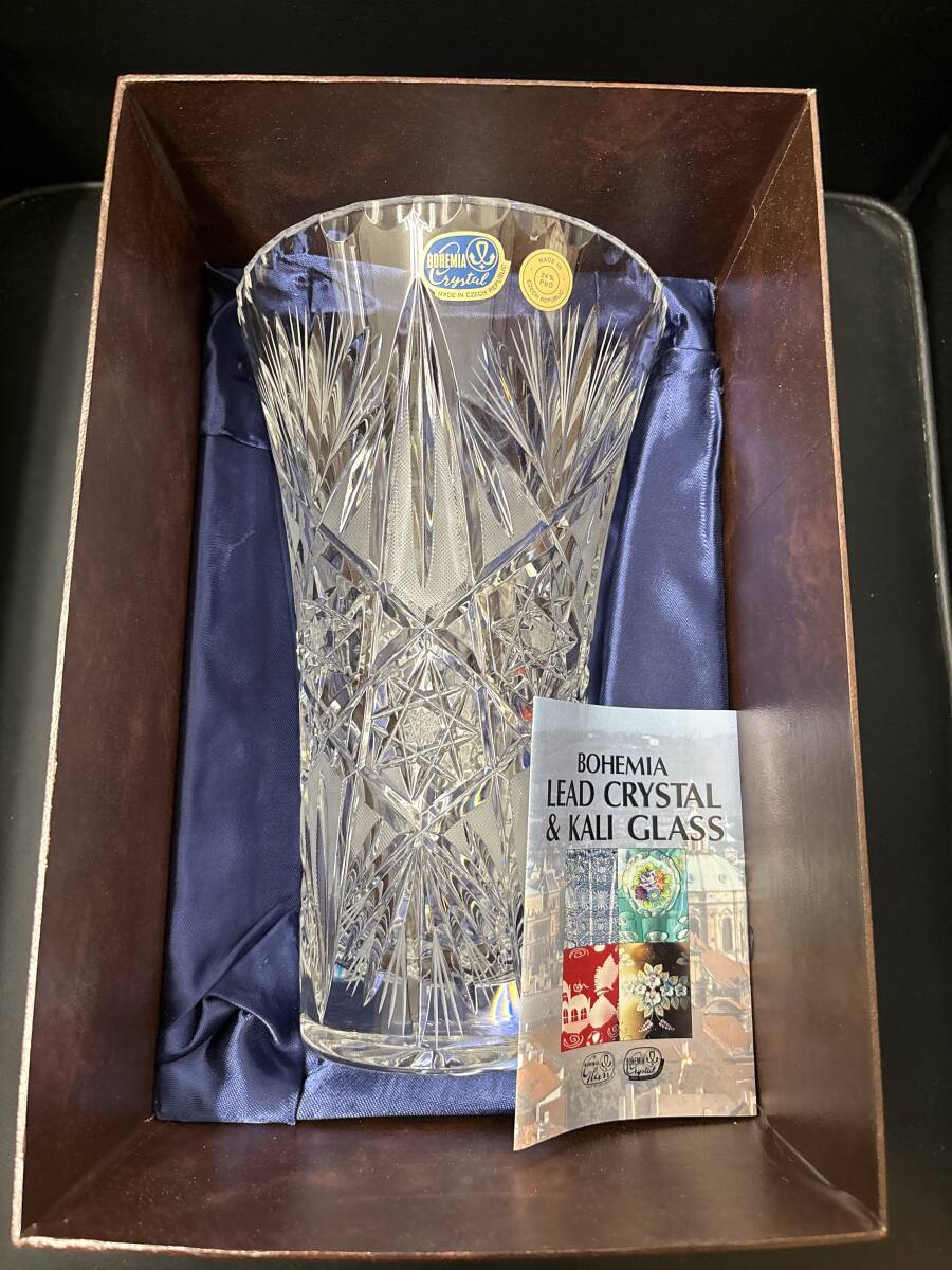 ボヘミアクリスタルガラス 花瓶 花器 チェコスロバキア 全長約25.5cm 未使用保管品 BOHEMIA 拍卖
