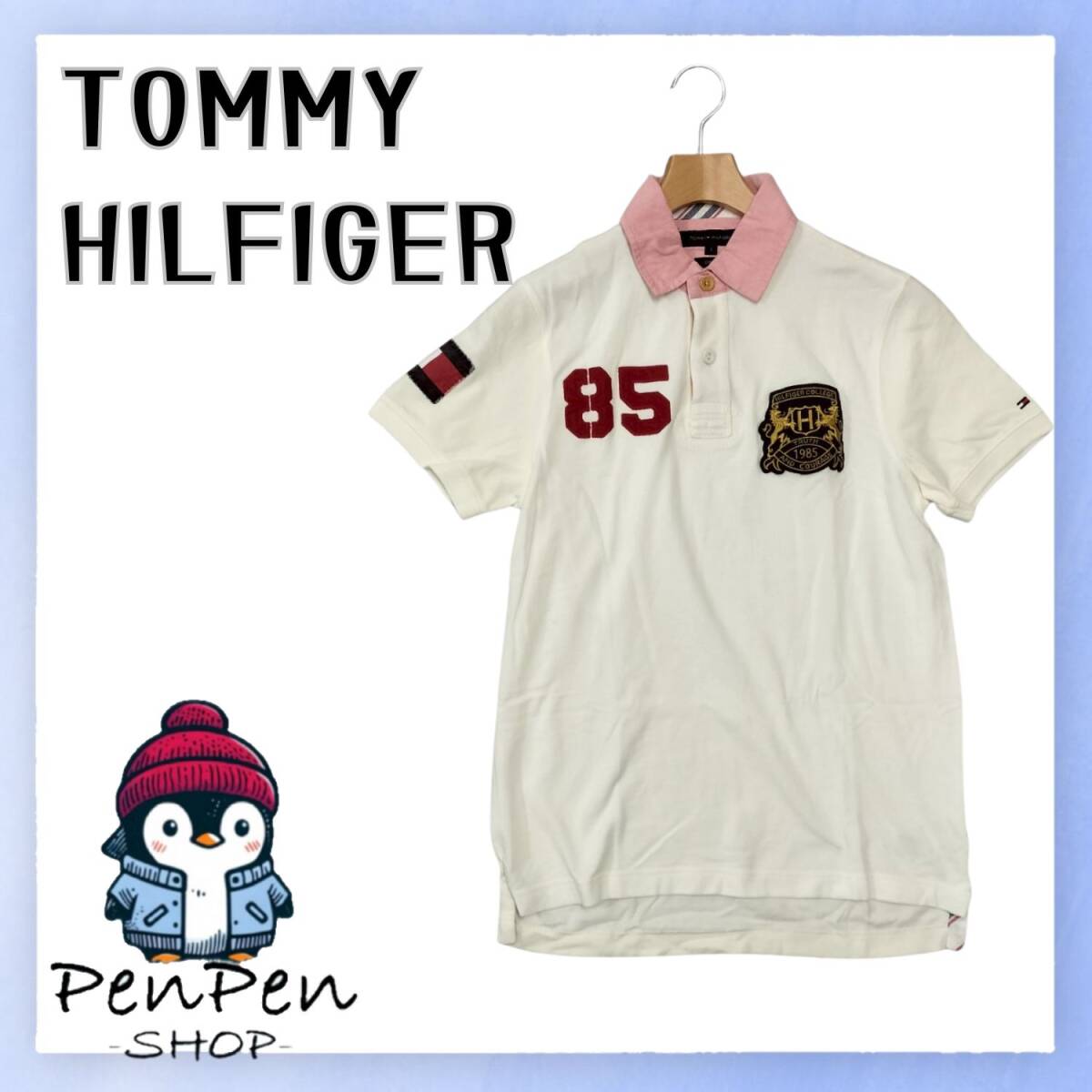 TOMMY HILFIGER トミーヒルフィガー メンズ ポロシャツ スリムフィット ロゴ刺繍 ホワイト 白 ピンク襟 Sサイズ 綿100% 春夏 カジュアル拍卖