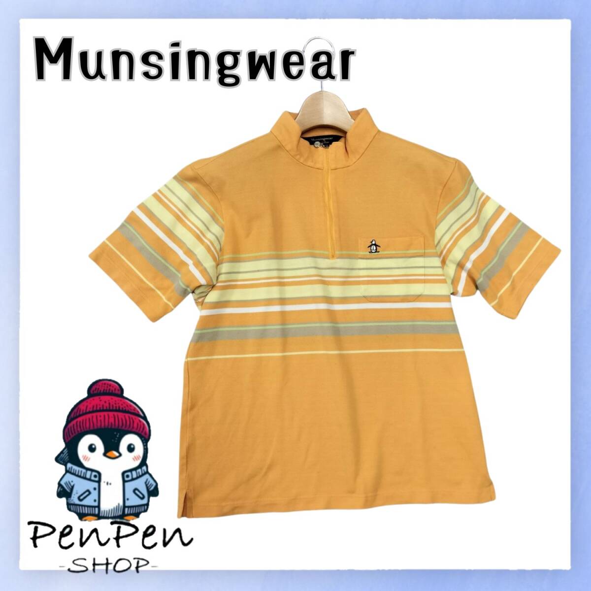 Munsingwear マンシングウェア レディース ハーフジップ 半袖 ポロシャツ ストライプ柄 ペンギン刺繍 イエロー 黄 Mサイズ ゴルフウェア拍卖
