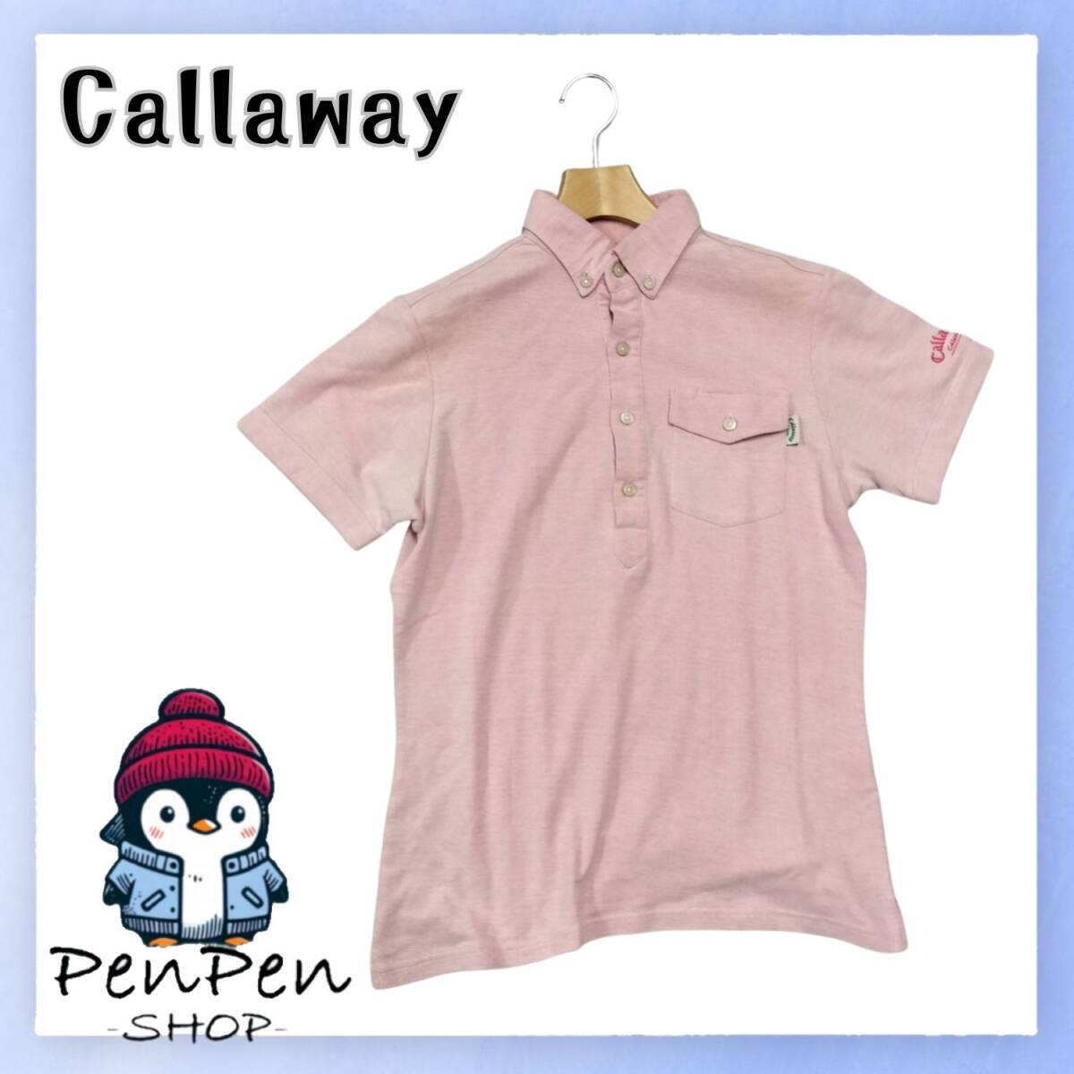 Callaway Collection キャロウェイ コレクション メンズ 半袖 ポロシャツ コットン混 ピンク Mサイズ 上品 ボタンダウン ゴルフウェア拍卖