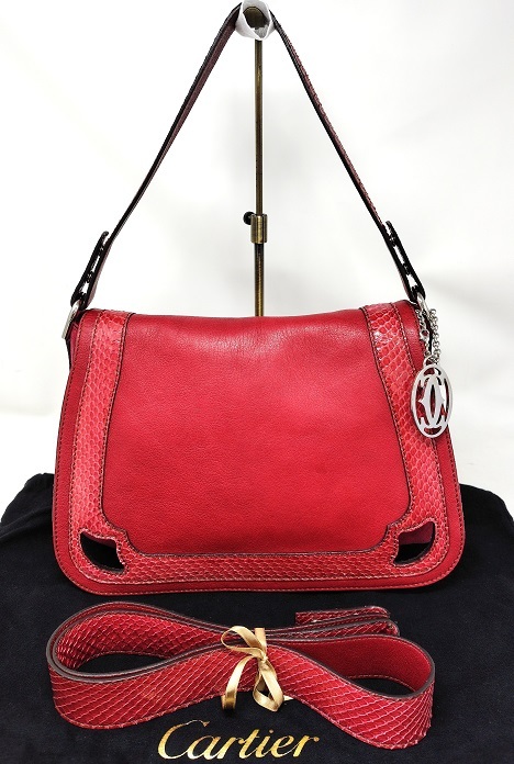 カルティエ マルチェロ ドゥサドルバッグ ボルドー スウェード×パイソン革 赤 Cartier 2WAYバッグ ショルダーベルト付き拍卖