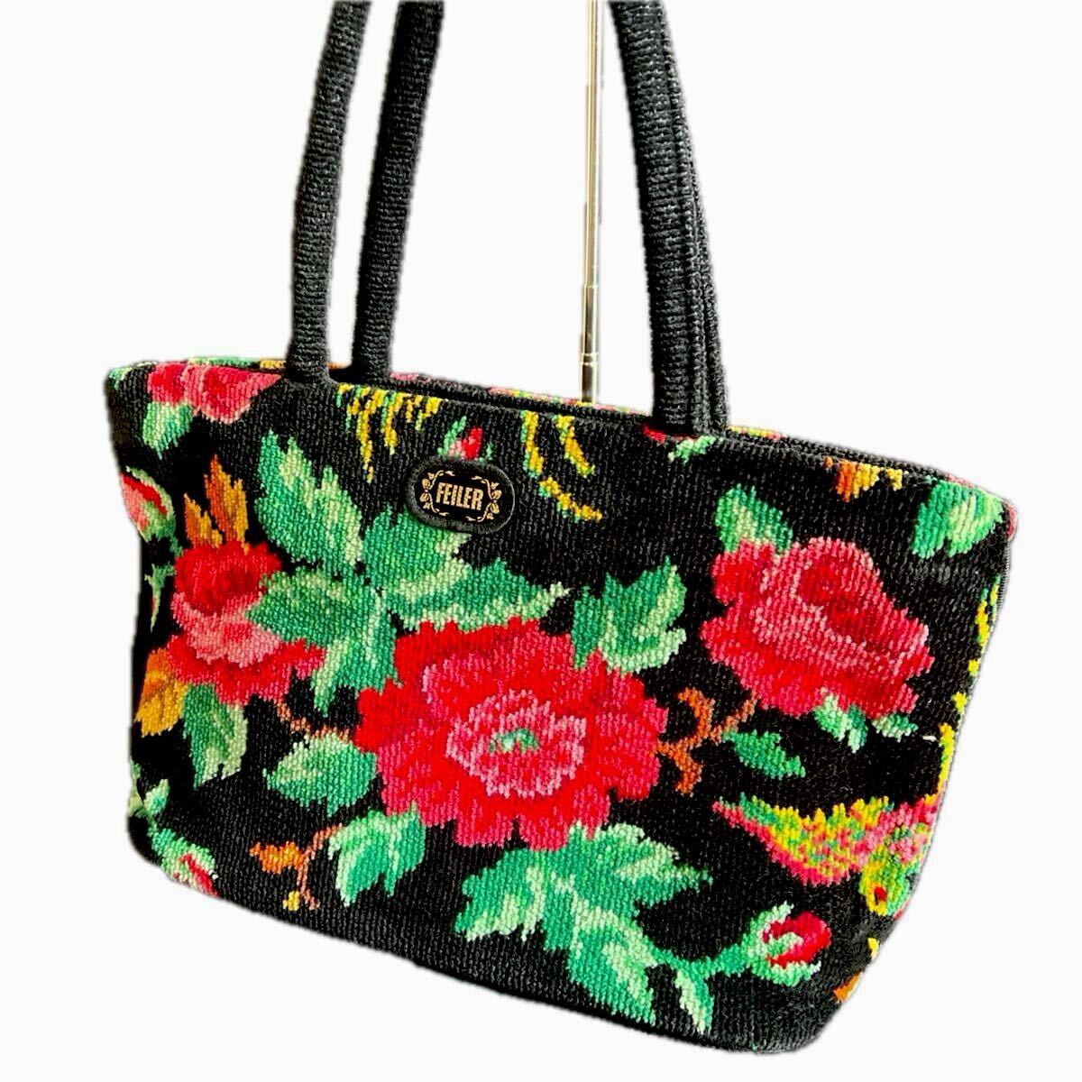 T9-4-2 美品 FEILER 花柄 トートバッグ 黒 フラワー フェイラー ブラックfeiler 33×19㎝ マチ10、5㎝拍卖