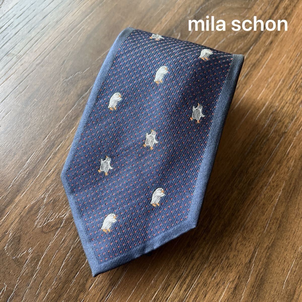 T11-9-6 ミラショーン mila schon 紳士 ネクタイ ドット柄 イタリア製 ペンギン柄拍卖