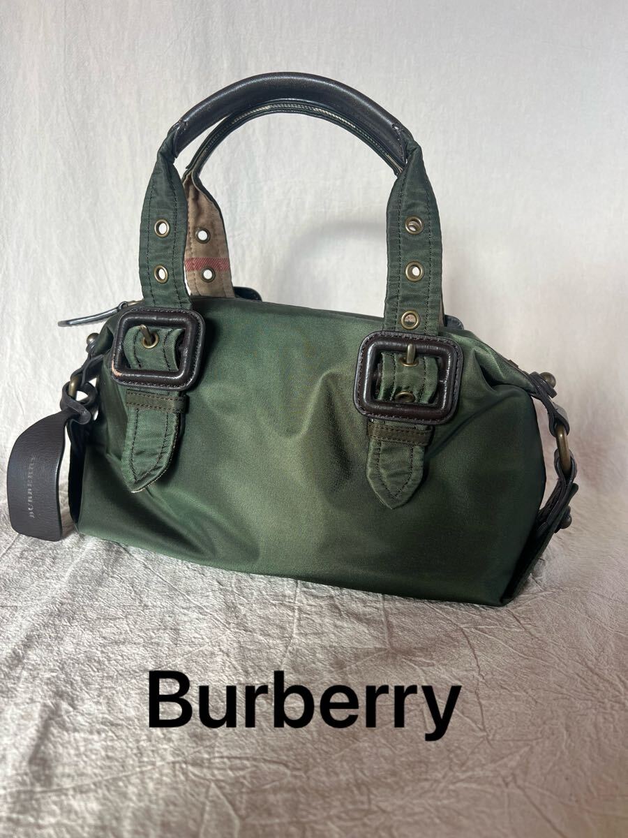 T11-26-3 BURBERRY ミニボストンバッグ ナイロン カーキ チェック レザー 拍卖