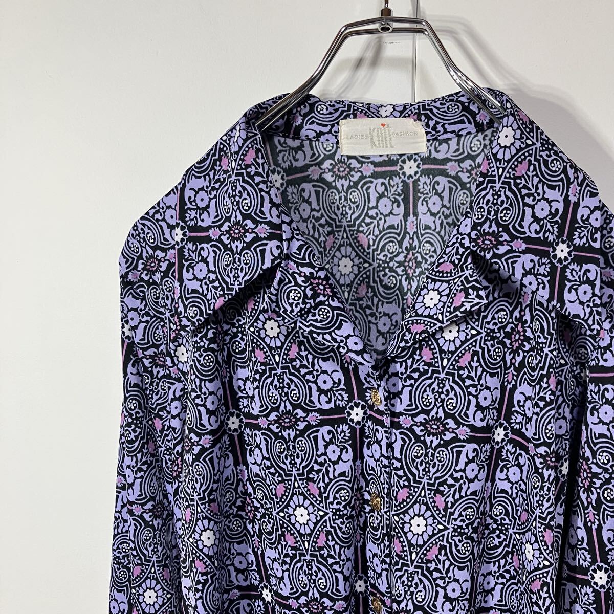 古着 ヴィンテージ パターン柄 レトロ ボタン 開襟 オープンカラー スクエアカット ポリ ニット 長袖 シャツ拍卖