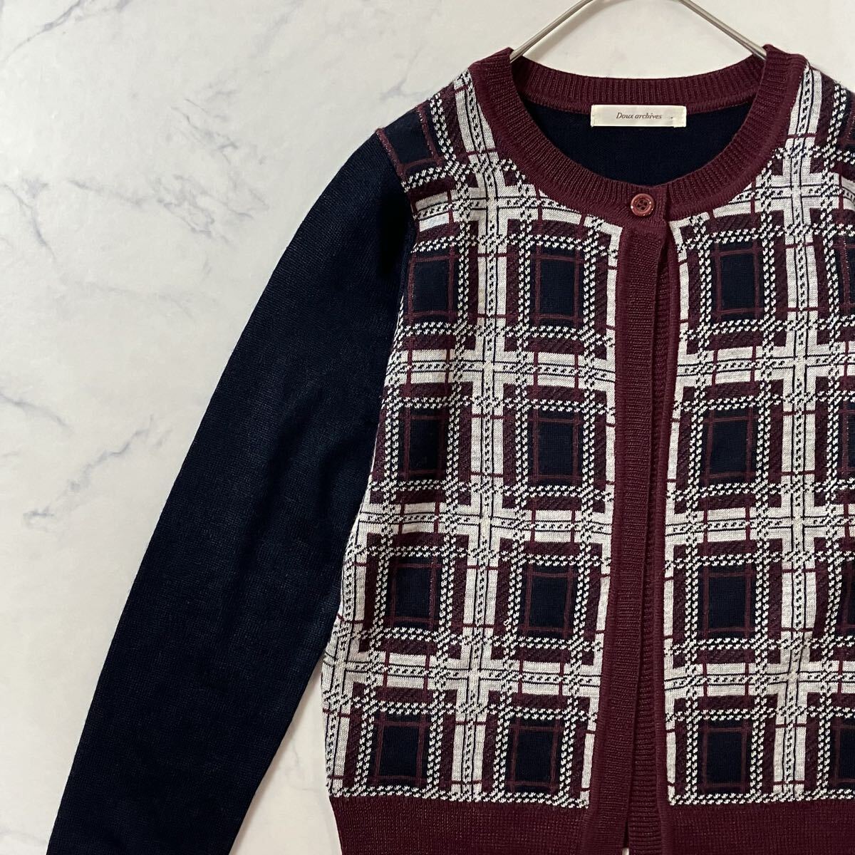 Doux archives ドゥアルシーヴ チェック 切替 ウール混 ボタン 長袖 ニット カーディガン ワイン ネイビー ホワイト拍卖