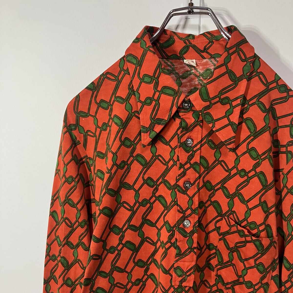古着 ヴィンテージ パターン柄 レトロ ポケット 天竺 長袖 ポロシャツ オレンジ 0拍卖