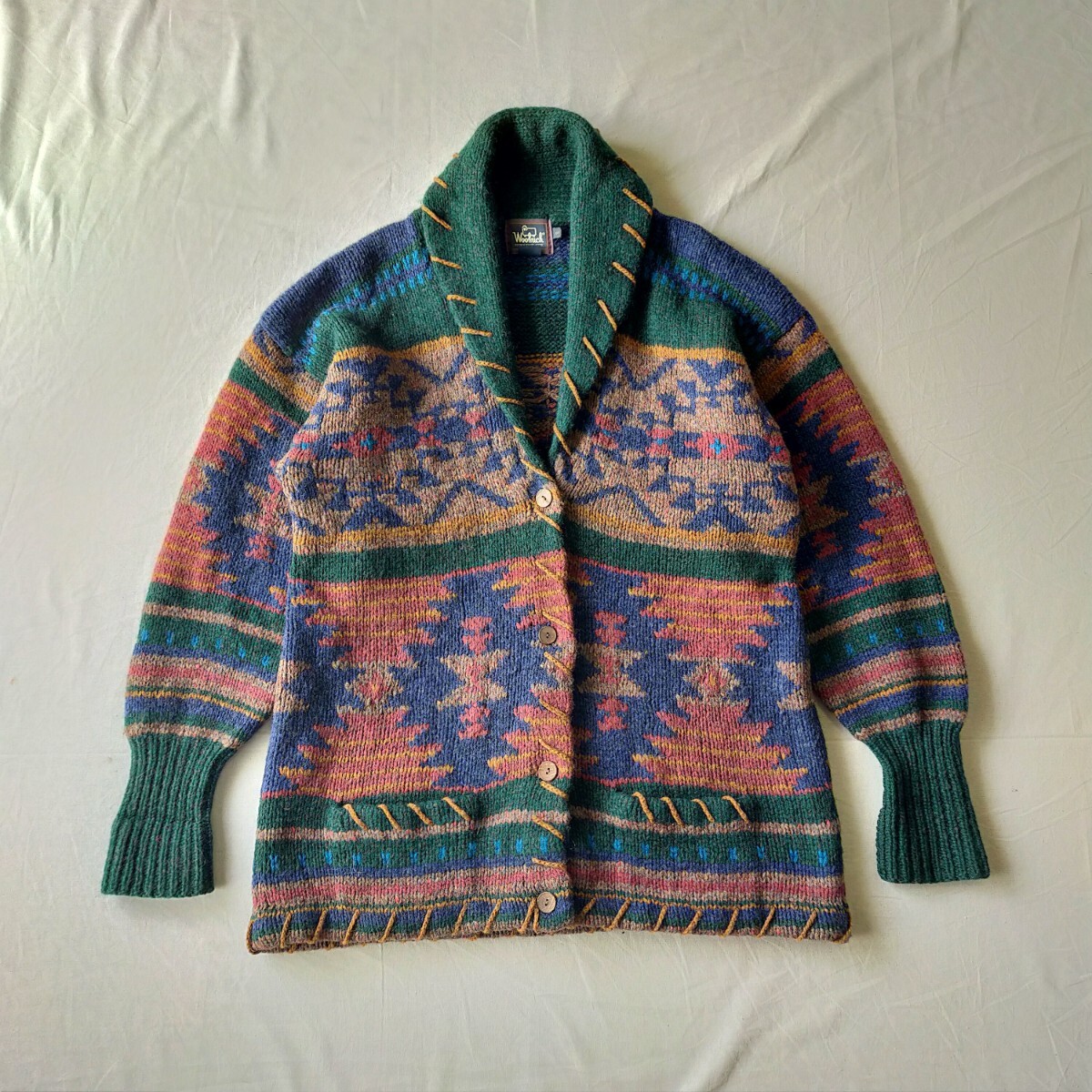 古着 ウールリッチ ハンドニットカーディガン ネイティブ柄 90s拍卖