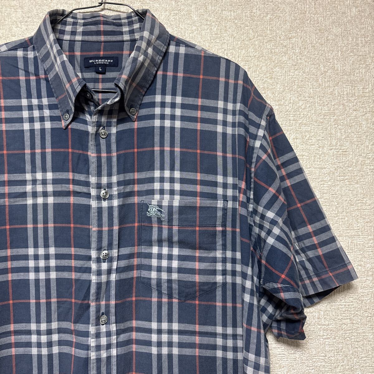 90s BURBERRY LONDON バーバリー ノバチェック 半袖シャツ ボタンダウンシャツ Lサイズ拍卖