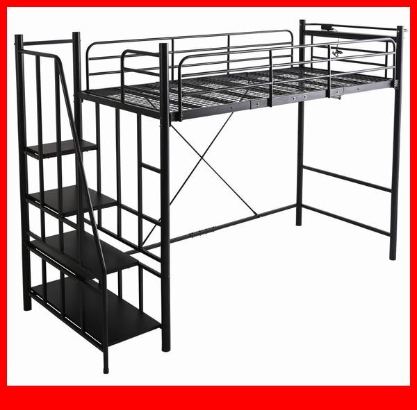 ロフトベッド★新品/大人かわいいインテリア 階段付き パイプロフトベッド/2段階高さ調整 ハイ ミドル 宮 コンセント付/ブラック/a1拍卖