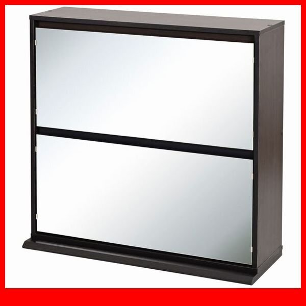 下駄箱★新品/薄型ミラーシューズラック/幅90cm 16足収納可能 2台連結可 お出かけ前 身だしなみチェック 鏡付フラップ扉/ダークブラウン/a1拍卖