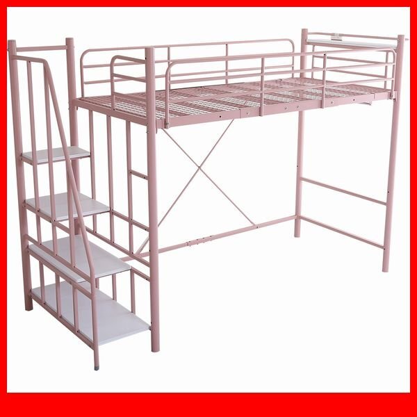 ロフトベッド★新品/大人かわいいインテリア 階段付き パイプロフトベッド/2段階高さ調整 ハイ ミドル 宮 コンセント付/ピンク/a4拍卖