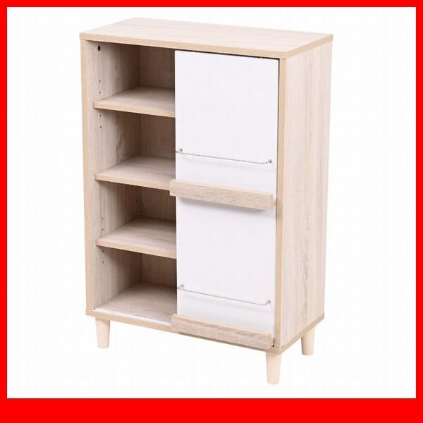 キャビネット★新品/Adatto スライド扉&オープン/本棚 ディスプレイラック 多目的収納 可動棚/ナチュラル×ホワイト/a5拍卖