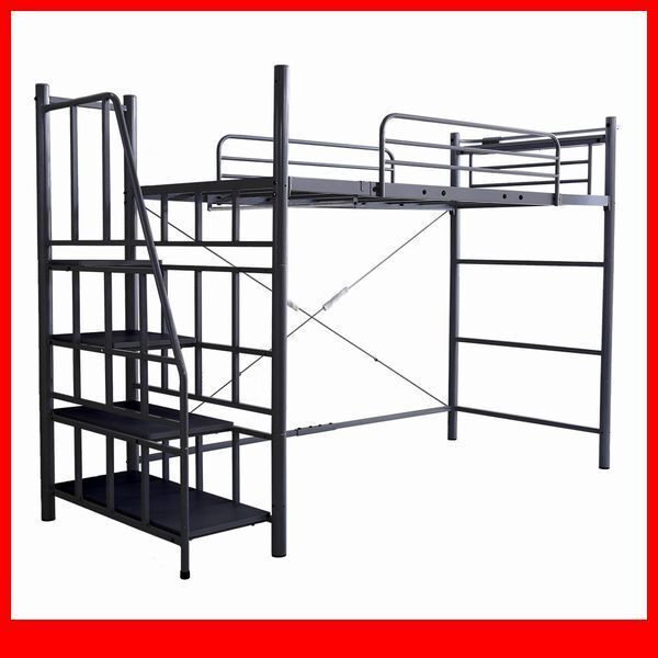 ベッド★階段付き ロフトベット シングル/宮棚 コンセント付き/ハイタイプミ ドルタイプ 高さ調整/極太パイプベッド/ブラック/特価 限定/a2拍卖