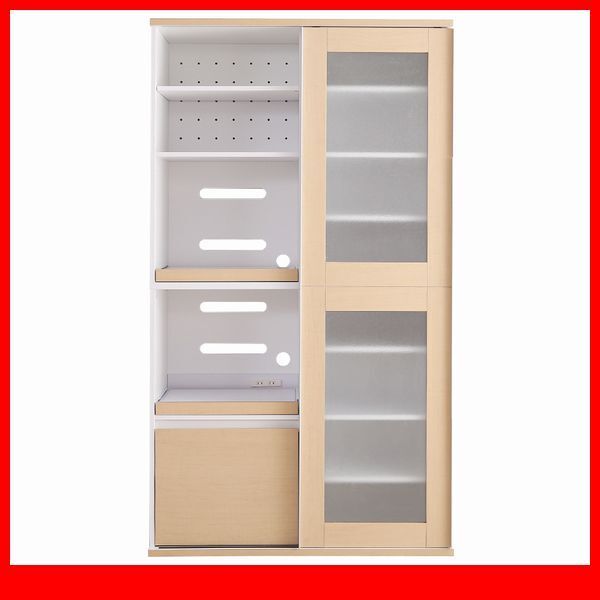 食器棚★ガラス引戸食器棚 家電収納庫/ワイド 幅100cm/スライド式ガラス扉 可動棚 2口 コンセント付き/オーク/a1拍卖