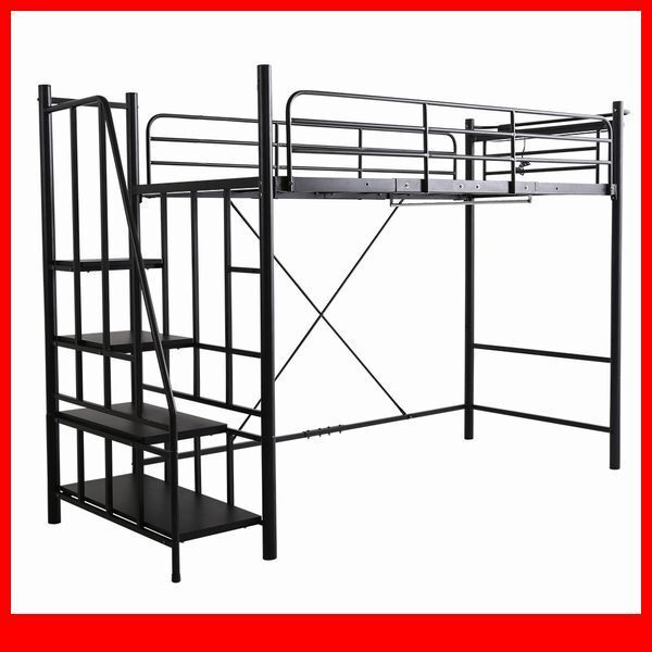 ロフトベッド★ヴィンテージ風 高さ調整可能 階段付きロフトベッド シングル/宮棚 コンセント ハンガーパイプ/ハイ ミドル/ブラック/a1拍卖