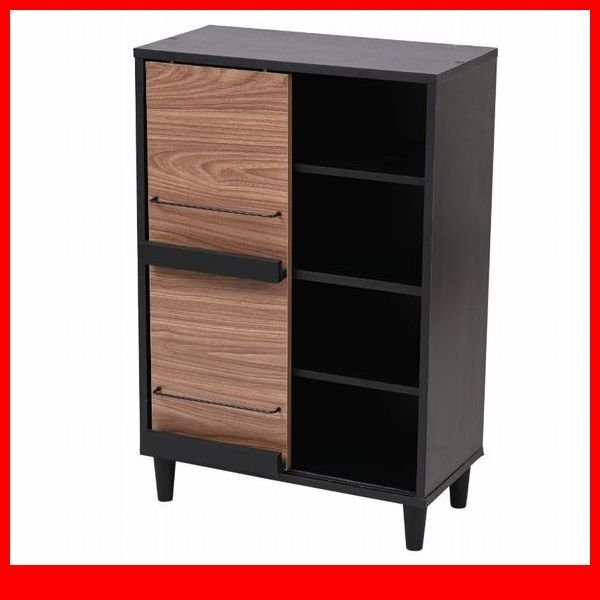 キャビネット★新品/Adatto スライド扉&オープン/本棚 ディスプレイラック 多目的収納 可動棚/ブラック×ブラウン/a4拍卖