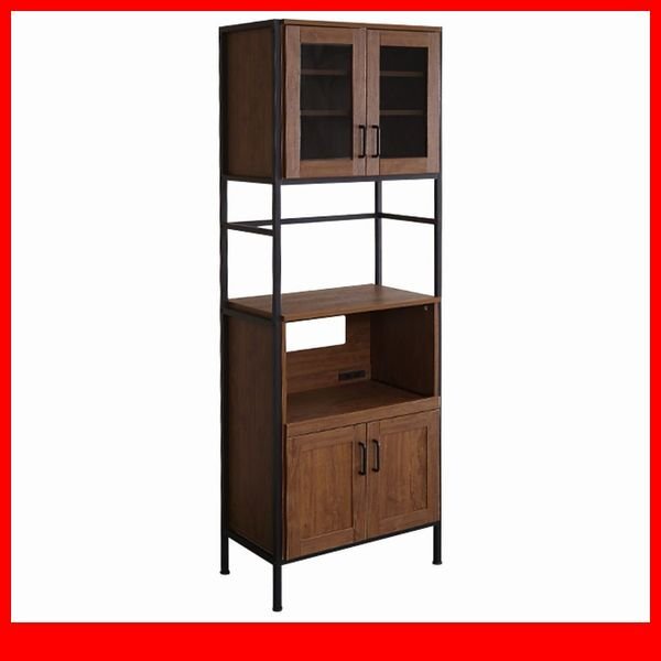 食器棚★新品/ヴィンテージ スリム 食器棚 幅64cm/レンジ台 家電収納庫/木目調 ブラウン/背面も美しく/ウォールナット/a3拍卖