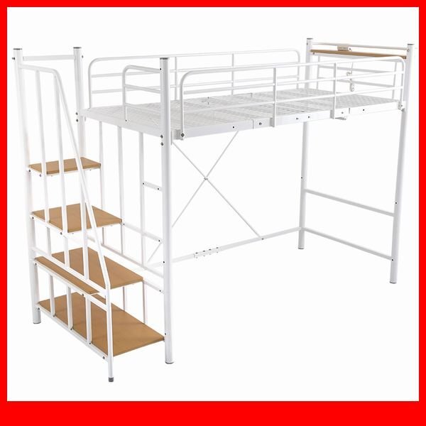 ロフトベッド★新品/大人かわいいインテリア 階段付き パイプロフトベッド/2段階高さ調整 ハイ ミドル 宮 コンセント付/ホワイト/a6拍卖