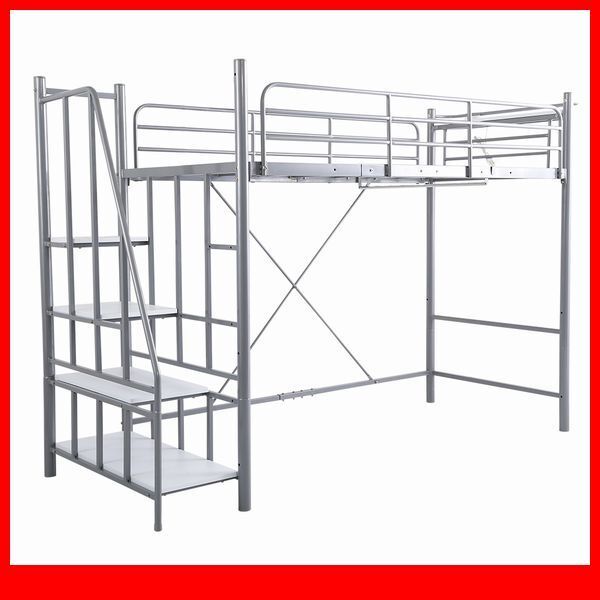 ロフトベッド★ヴィンテージ風 高さ調整可能 階段付きロフトベッド シングル/宮棚 コンセント ハンガーパイプ/ハイ ミドル/シルバー/a3拍卖