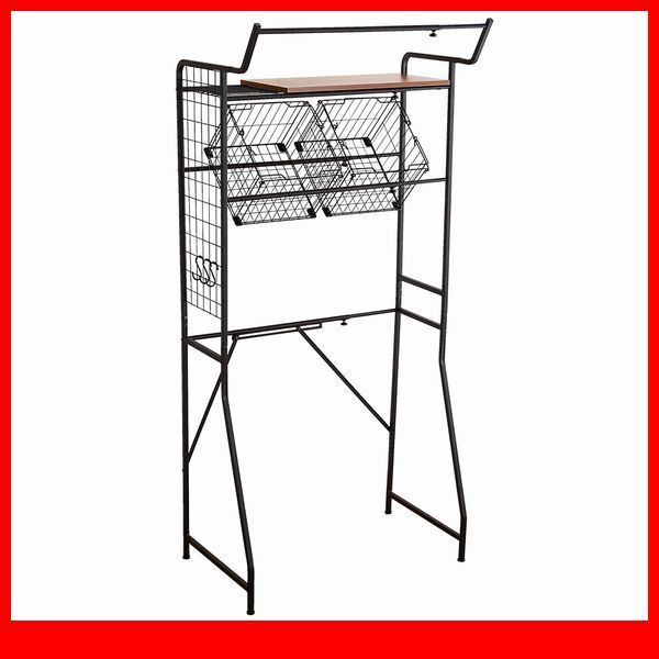 ランドリー収納★新品/ヴィンテージ ランドリーラック バスケットタイプ/65~90cm幅調整可能 可動棚 バスケット/木目調 ウォールナット/a3拍卖